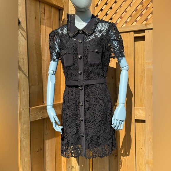 🆕 SELF PORTRAIT 🧿 NWOT Black Lace Button Front Mini Dress, Sz UK 14 US 10 - Picture 4 of 16